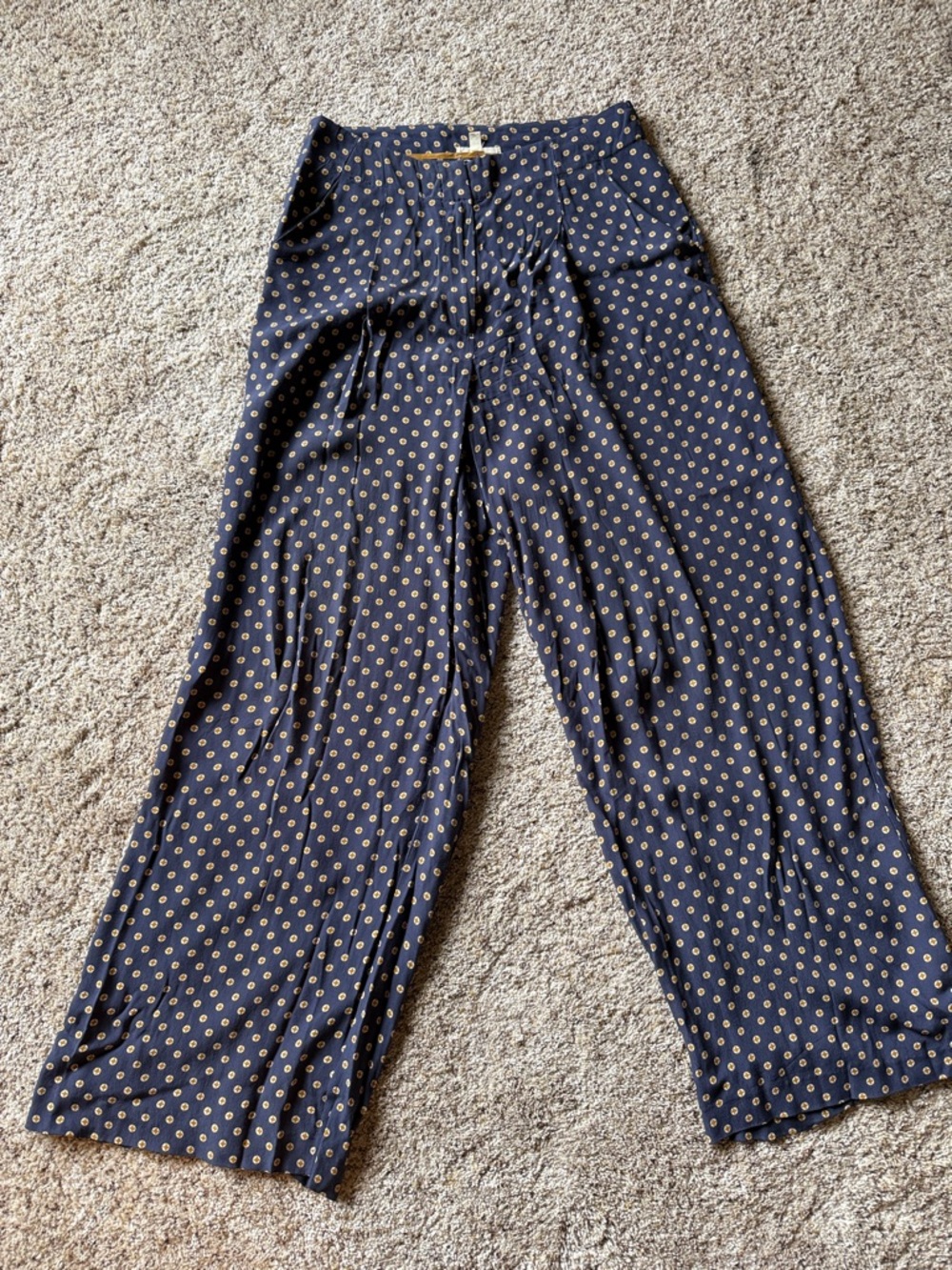 Anthropologie Navy Wide-Leg Pants with Beige Dot Print